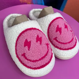 Pink Smiley Face Lightning Bolt Eyes Womens 6.5-7.5‎ / 37-38 Slippers Slides NEW thumbnail 1