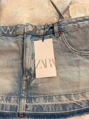 ZARA Light Blue Denim Mini Shirt with Straps size S brand new length 10” thumbnail 2