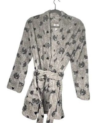 Victoria’s Secret PINK XS S Plush Robe Gray Black Logo Hearts Y2K Cozy Fleece thumbnail 1