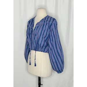 NATALIE MARTIN Amelia Top Batik Stripe Navy Cotton Tassel Tie Blouse Top Small thumbnail 6