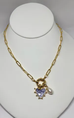 Gold Purple Heart charm necklace with freshwater pearl charm thumbnail 3
