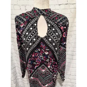 EXPRESS Rayon Long Sleeve Dress Keyhole Front Back Floral Black Purple Pink L thumbnail 2