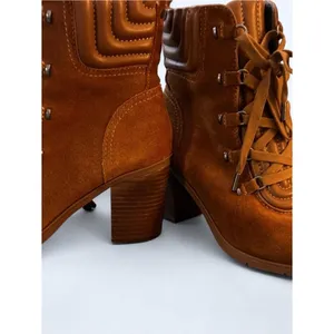 Suede Lace-Up Block Heel Ankle Boots in Tan thumbnail 2