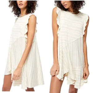 Free People Mini Dress Women Small Beige Stripe‎ Ruffle Sun Valley Boho Tunic thumbnail 2