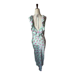 Zara Dress Women Medium Blue Pink Floral Satin Ruffle Trim Midi Slip‎ Dress Boho thumbnail 4
