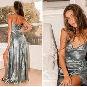 LULU's Bridesmaid Prom Wedding Flowy Cowl Neck Metallic Silver Maxi • X-Small thumbnail 2