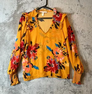 Hutch Anthropologie Yellow Floral Boho Sheer Blouse Ruffle VNeck Poet Sleeves XS thumbnail 1