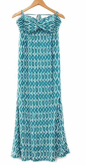Robin Piccone Maxi Dress Women's Large Blue White Geometric Halter Stretch thumbnail 1