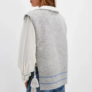 Free People‎ All Star Stripe Poncho Vest Gray Blue V-Neck Side Tie Tassels OS thumbnail 2