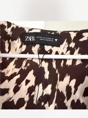 Zara Ruffled V-Neck Maxi Dress in Brown and white thumbnail 3