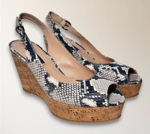 Stuart Weitzman 7.5 Snake Print Embossed Cork‎ Wedge Slingback Peep Toe Sandals thumbnail 1