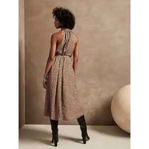 Banana Republic Brown Silky Satin Sleeveless Leopard Print Midi A Line Dress XS thumbnail 2