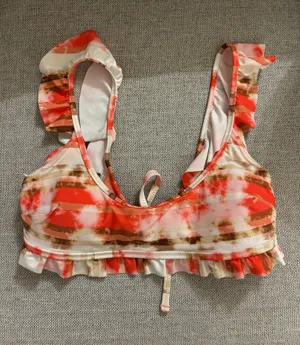 Aerie Women's Ruffled Swim Top in Orange and White NEW thumbnail 1