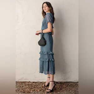 NWT Lulus Know Your Heart Midi Dress Medium Dusty Blue Polka Dot Ruffled thumbnail 17