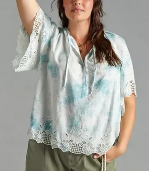 Anthropologie Olivia Embroidered Lace Tie Dye Blouse Womans large Short Sleeve thumbnail 1