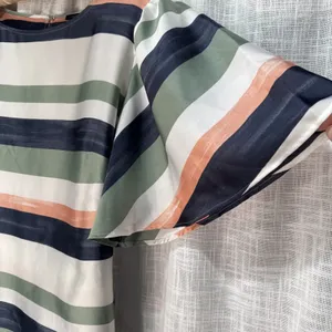 Ann Taylor Factory Striped Flutter Sleeve Tie Waist Blouse Navy Green Peach M thumbnail 3