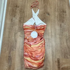 Princess Polly | NEW Orange Pink Marble Mesh Ruched Christoph Mini‎ Dress, 0 thumbnail 6