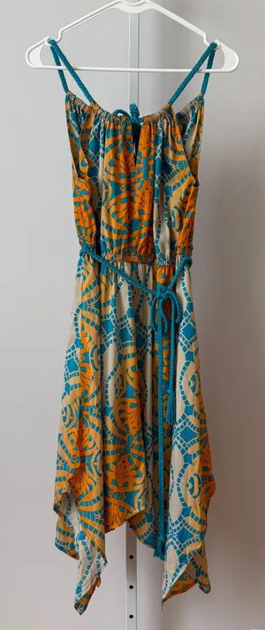 Route 66 S Blue‎ Orange Sundress Braided Straps Handkerchief Hem Boho Festival thumbnail 1