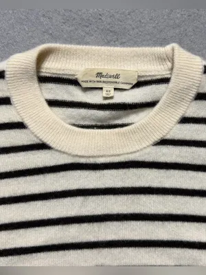 Madewell Womens XS 100% Cashmere Striped Crewneck Sweater Ivory Black thumbnail 3