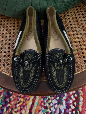 Tod’s Made in Italy Black Suede Chartreuse Western Embroidered Loafer Moccasins thumbnail 2