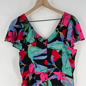 Cupio Tropical Floral Print Chiffon Ruffle Flutter‎ Sleeve V Neck Jumpsuit thumbnail 9
