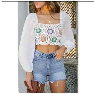 Aerie Crochet Granny Square Top Small White Long Sleeve Flowy Vacay Shirt Boho thumbnail 3