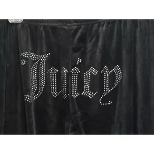 Juicy Couture Y2K Velour Straight Leg Pants Size L Logo Rhinestones Black EUC thumbnail 4
