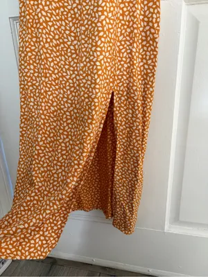 Abercrombie & Fitch Orange Patterned Ruched Top Midi Dress with Slit Small thumbnail 5