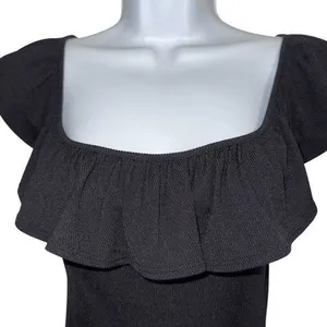 EXPRESS Black Ruffle Neck Ribbed Cap Sleeve Cap‎ Sleeve Bodysuit NWOT Small thumbnail 3
