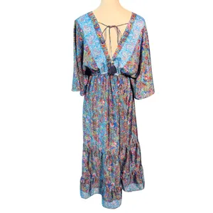 Zury Blue Paisley Silk Blend V-Neck Maxi Dress Ruffle Boho Free Size Kaftan thumbnail 5