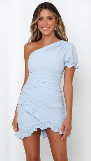 Hello Molly Mini Dress Women 4 Light Blue Excellent One‎ Shoulder Ruched Ruffle thumbnail 1