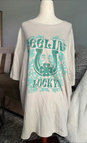 S/M Graphic Short Sleeve Tee in Cream with Teal Print thumbnail 1