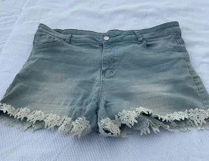 Washed Light Blue Denim Shorts with Lace Trim thumbnail 1