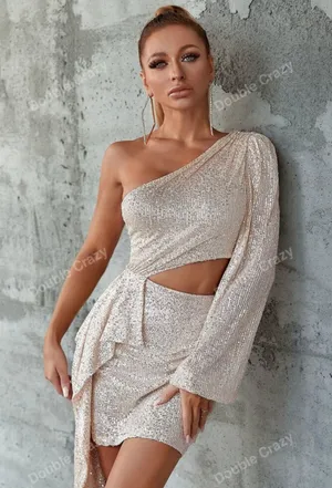 Double Crazy One Shoulder Cut Out Draped Side Sequin Bodycon Cocktail Dress thumbnail 3