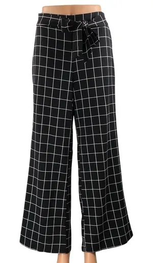 Mine Black Windowpane High Rise Drawstring Wide Leg Trousers Dress Pants Size S thumbnail 1