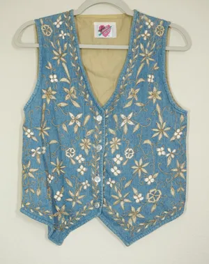 Keren Hart Vintage Denim Floral Embroidered Vest Blue Tan Boho Cottagecore thumbnail 1