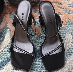 Bebe Evening Heels Jeanette Estella Black Clear Rhinestone size 6 Y2K Square Toe thumbnail 3