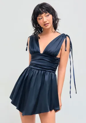 NWT Cider Solid Satin Ruched Mini Dress – Navy Blue – XL thumbnail 1