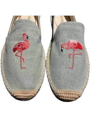 Soludos Flamingo Embroidered Chambray Espadrilles Size 8 thumbnail 3