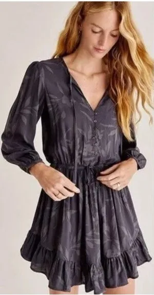 Sundry Floral Print Button Front Tie Waist‎ Long Sleeve Mini Dress Charcoal M thumbnail 1