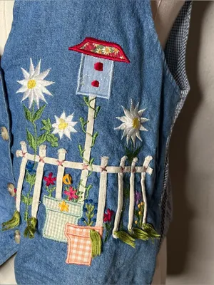90s Vintage Garden Embroidered Denim Button Front Vest Artsy Boho Cottagecore thumbnail 5