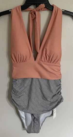 Cupshe Peach and Black White Striped Halter One Piece Swimsuit Large NWT thumbnail 1