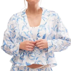 NWT Free People Beauty Sleep Pajama Top Satin Floral Print Button Up‎ Size XL thumbnail 1