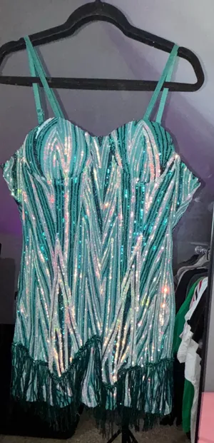 Sequin pattern irregular fringed hem cocktail party dres Green Size 2X thumbnail 5