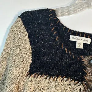 Coldwater Creek Mixed Media Cable Knit Cardigan Short Sleeve Tan Black Small thumbnail 7