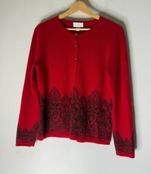 Charter Club Women Red 100% Cashmere Cardigan Sweater Black Lace Print Medium thumbnail 1