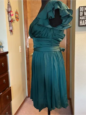 Saints & Secrets forest green fit and flare cocktail dress ruffle shoulders S thumbnail 4