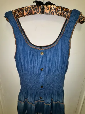 Lapis Blue Tiered Denim-Style Maxi Prairie Milkmaid Vintage Dress Large thumbnail 4