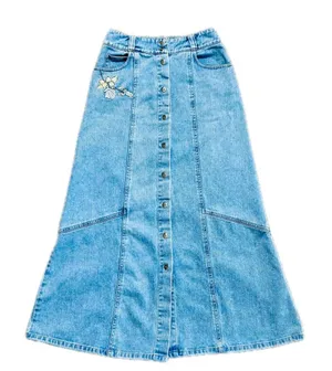Vintage 90s Button-Front Denim Maxi Skirt with Floral Embroidery size 4 thumbnail 1