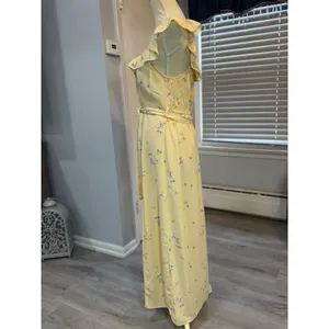 IRIS Yellow Floral Ruffle Maxi Dress Cottagecore Boho Button Front Tie Waist L thumbnail 4